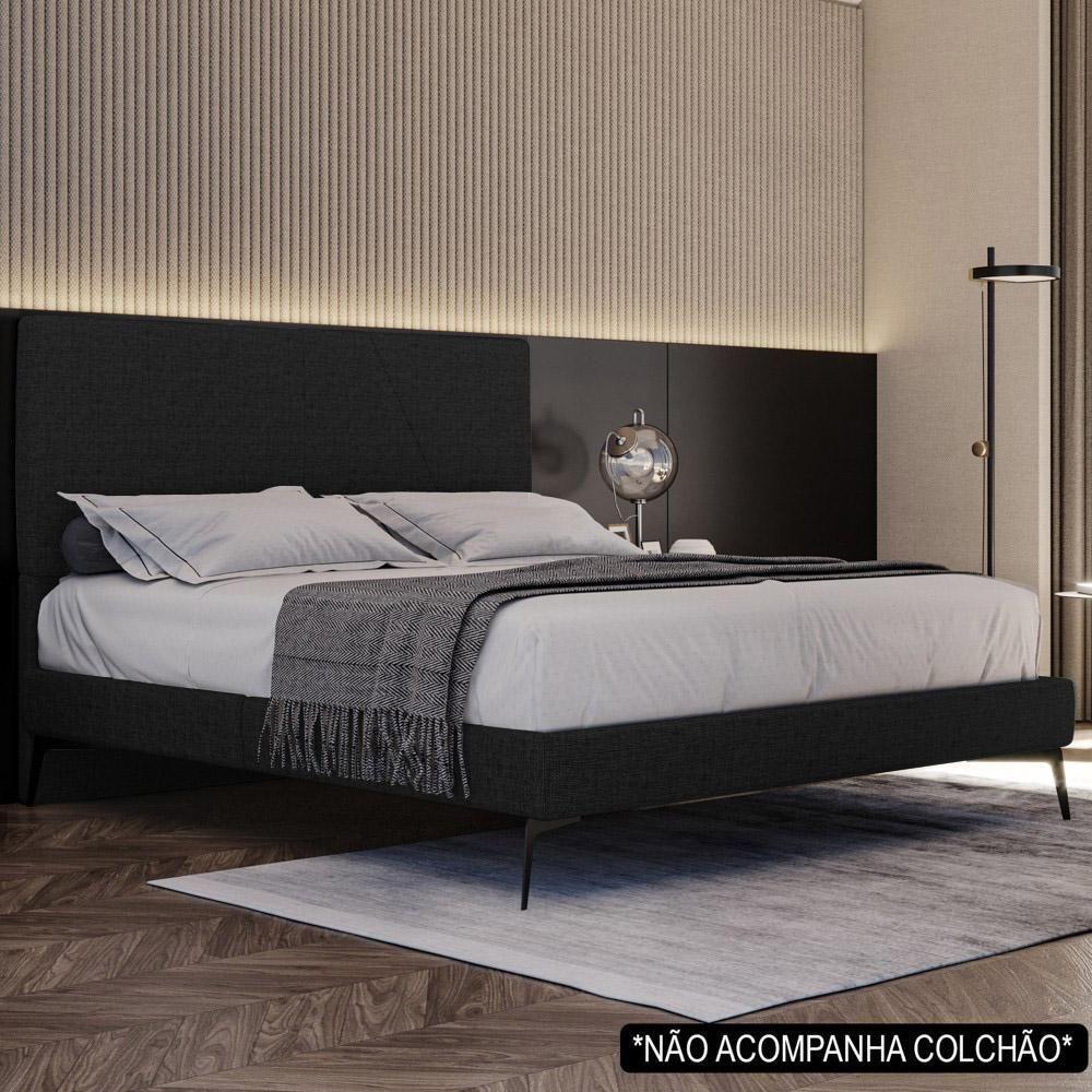 Cama Casal King Com Cabeceira 199cm Pés Metálicos Elisa S05 Linho Preto - Mpozenato - 2