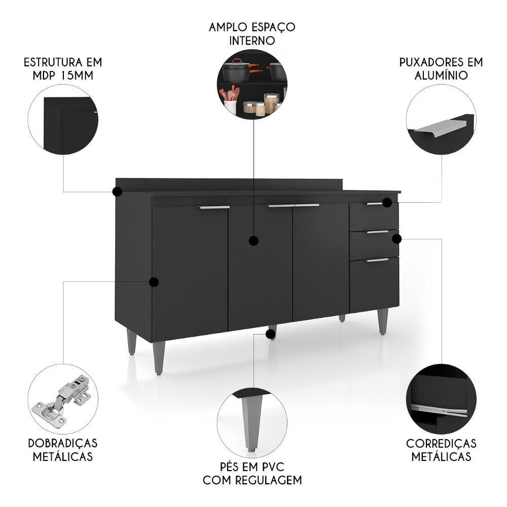 Balcão De Cozinha Com Tampo 150cm Pérola Preto Z34 - Mpozenato - 3