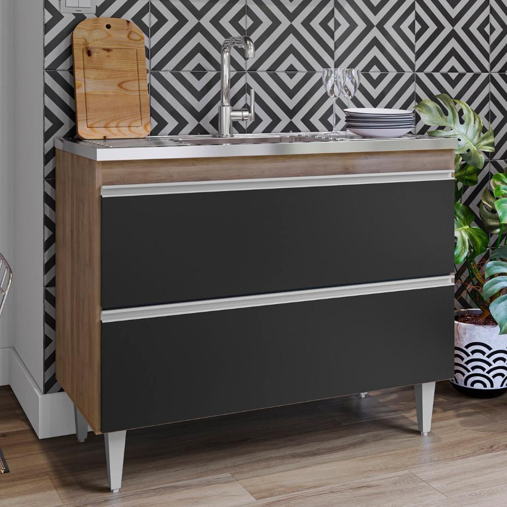 Balcão De Cozinha Com Pia Inox 100cm Julia Z34 Freijó/preto - Mpozenato - 2