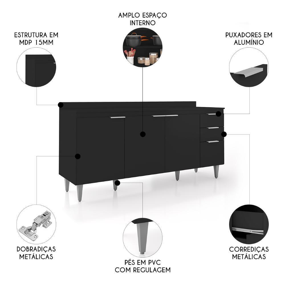Balcão De Cozinha Com Tampo 180cm Pérola Preto Z34 - Mpozenato - 3