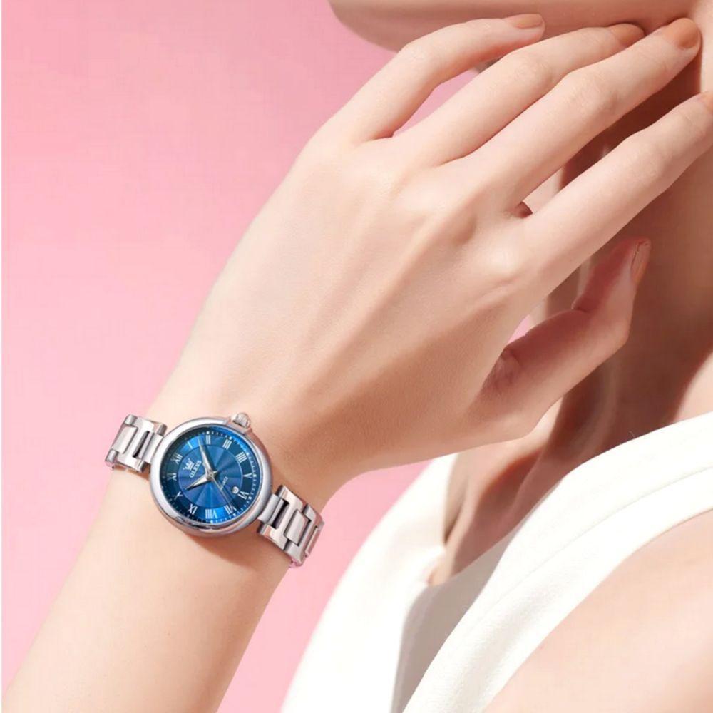 Relógio De Quartzo Feminino Design Fino Elegante Luminoso Em Aço Inoxidavel Azul Prata - 3