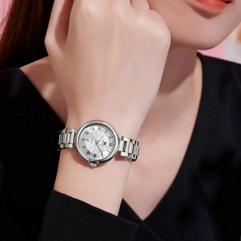 Relógio De Quartzo Feminino Design Fino Elegante Luminoso Em Aço Inoxidavel Branco Prata - 3