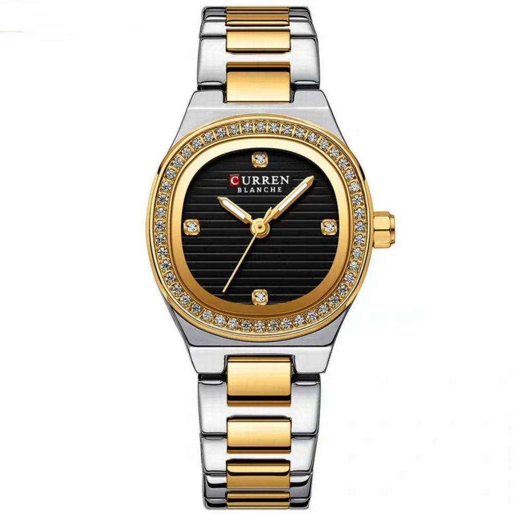 Relógio Feminino Casual De Quartzo Com Strass Em Aço Inoxidavel Impermeavel 3atm Preto Dourado - 1