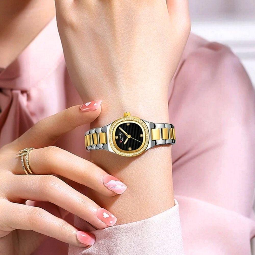 Relógio Feminino Casual De Quartzo Com Strass Em Aço Inoxidavel Impermeavel 3atm Preto Dourado - 3