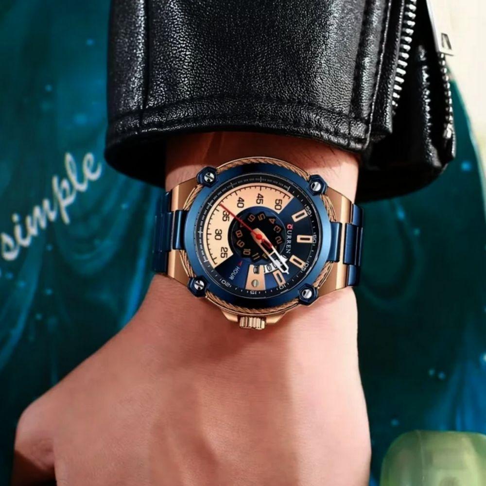 Relógio De Quartzo Masculino Casual Criativo à Prova D´agua Em Aço Inoxidável Azul Dourado - 2