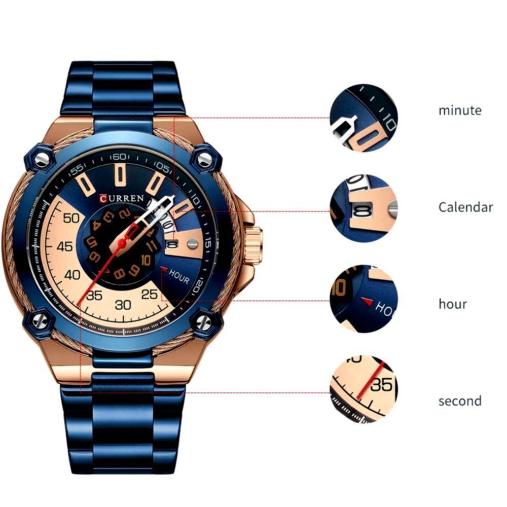 Relógio De Quartzo Masculino Casual Criativo à Prova D´agua Em Aço Inoxidável Azul Dourado - 3