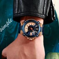 Relógio De Quartzo Masculino Casual Criativo à Prova D´agua Em Aço Inoxidável Azul Dourado - 2