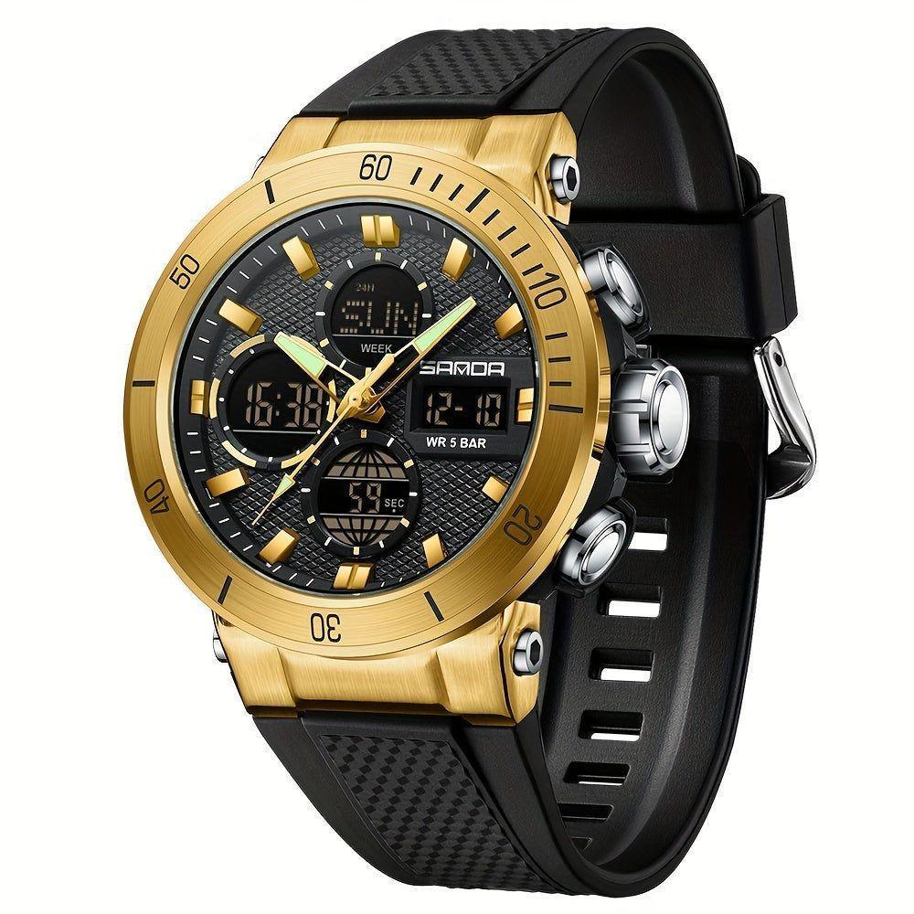 Relógio De Pulso Esportivo Masculino De Moda Com Display Duplo, Alarme Preto Dourado - 1