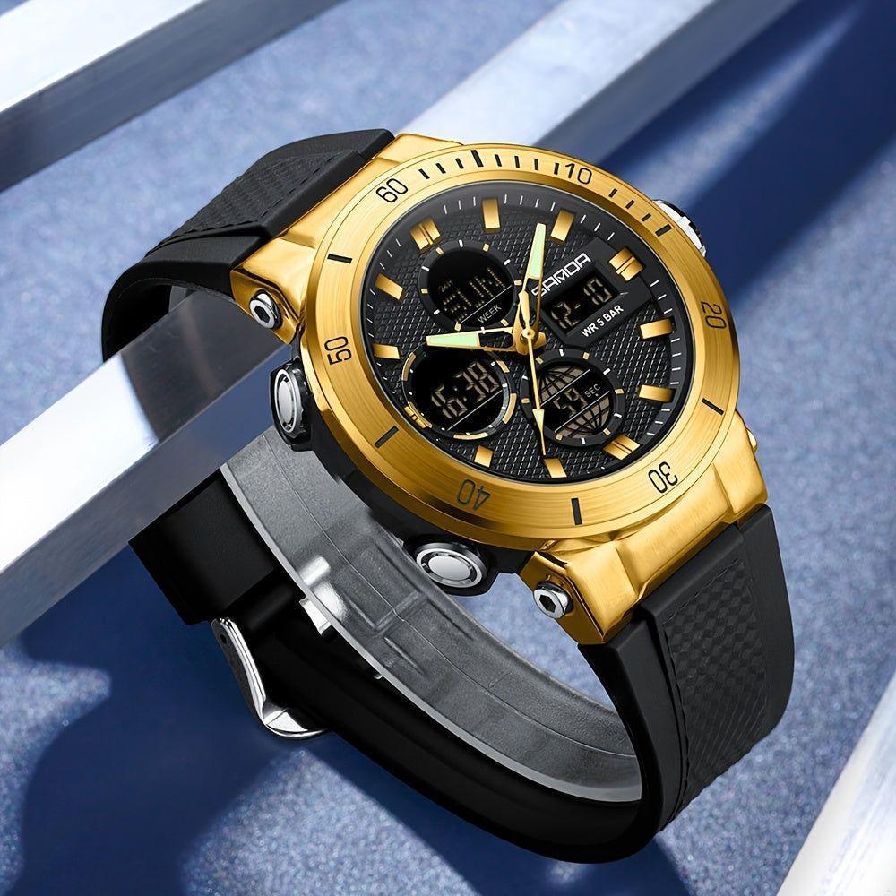 Relógio De Pulso Esportivo Masculino De Moda Com Display Duplo, Alarme Preto Dourado - 2