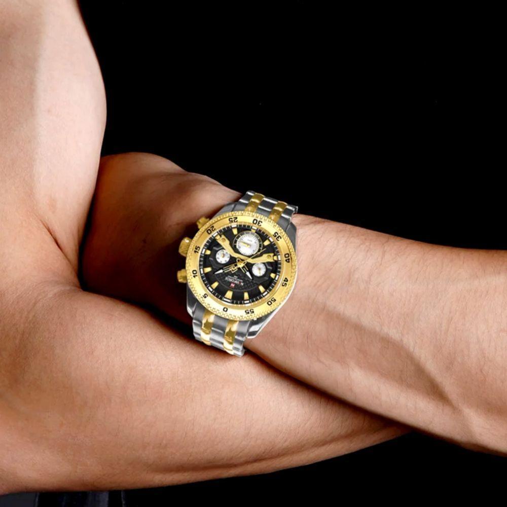 Relógio De Pulso Masculino Com Cronógrafo Mostrador Luminoso Impermeável Prata Dourado - 3