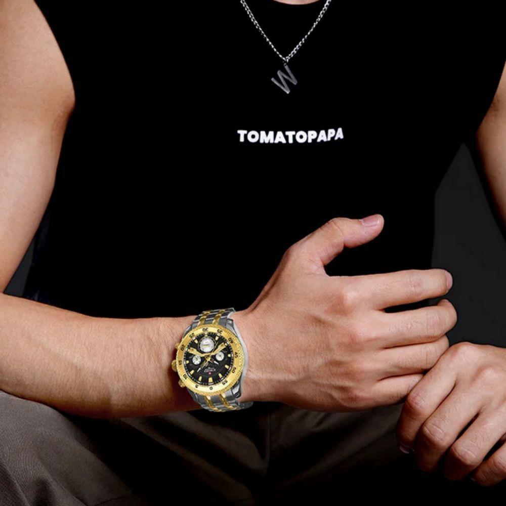 Relógio De Pulso Masculino Com Cronógrafo Mostrador Luminoso Impermeável Prata Dourado - 4