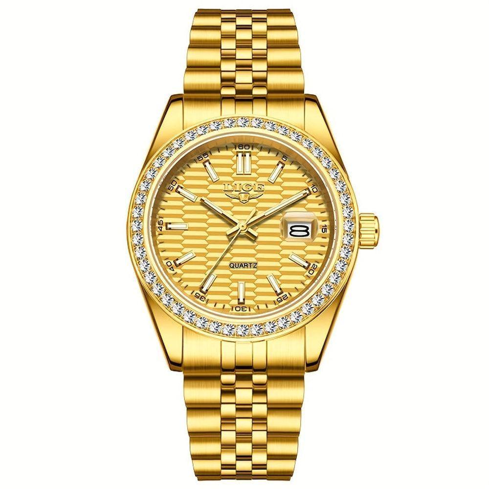 Relógio - Estilo Clássico, Mostrador Luminoso, Pulseira De Aço Inoxidável Dourado - 1