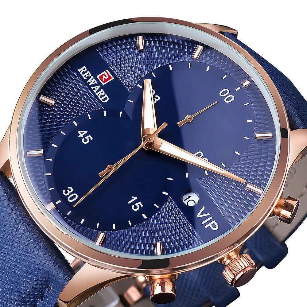 Relógio Preto Dourado De Luxo - Cronômetro Com Pulseira De Couro Rosa Dourado Azul - 1