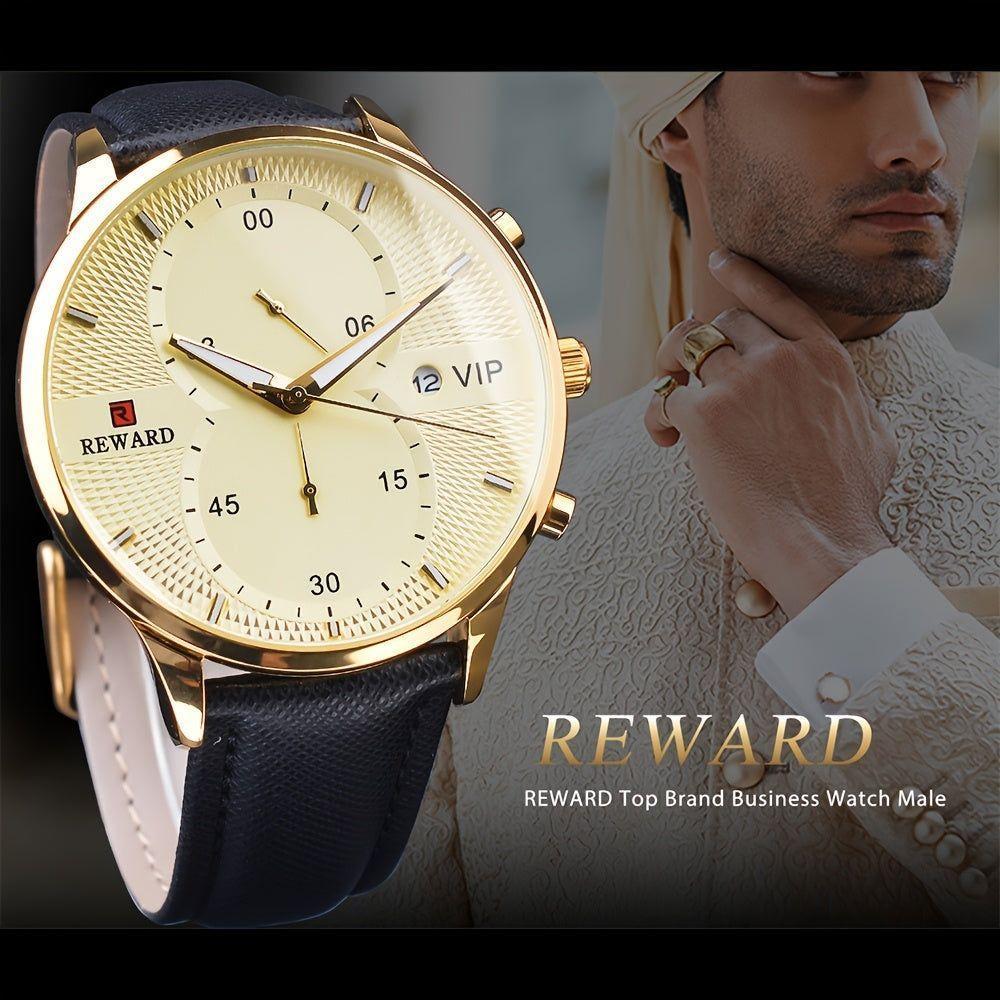 Relógio Preto Dourado De Luxo - Cronômetro Com Pulseira De Couro Dourado - 2