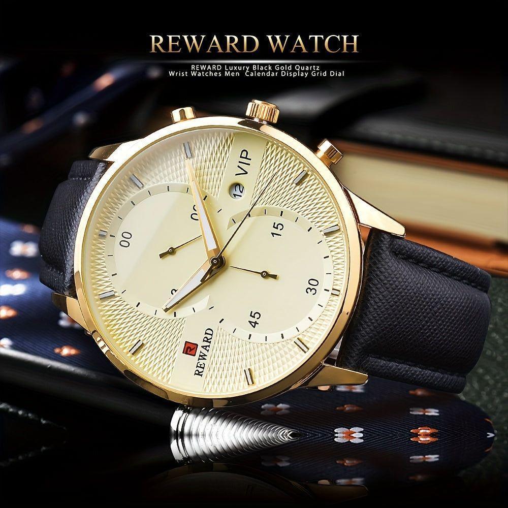 Relógio Preto Dourado De Luxo - Cronômetro Com Pulseira De Couro Dourado - 4