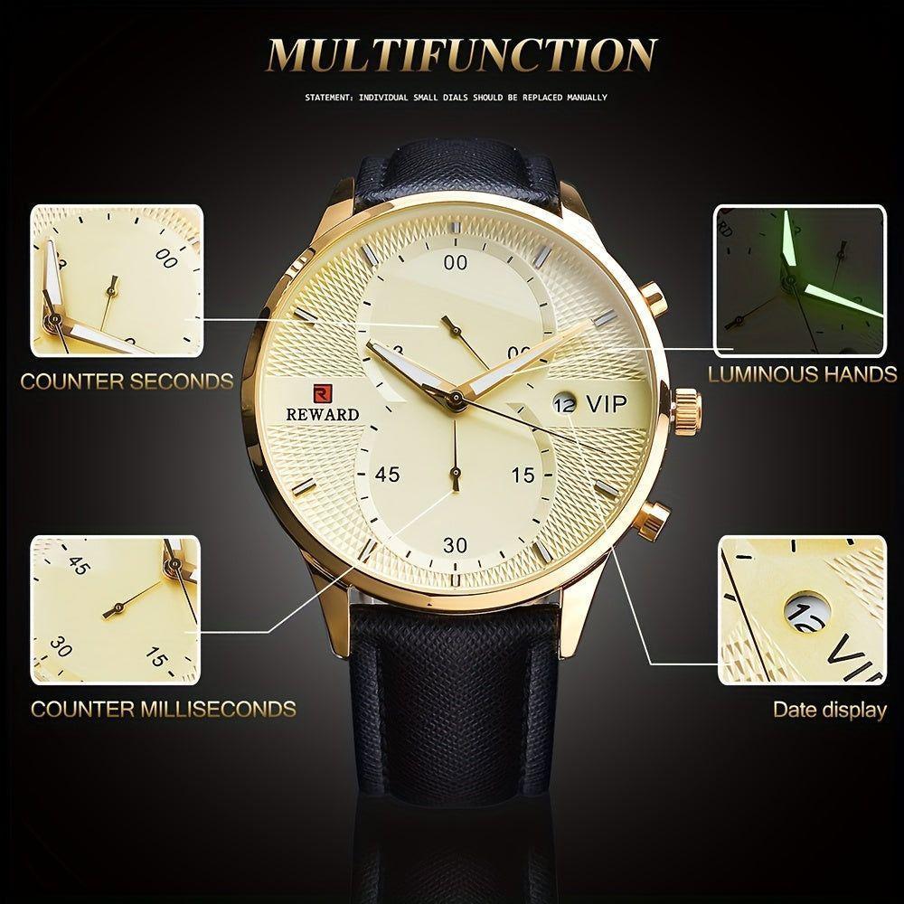 Relógio Preto Dourado De Luxo - Cronômetro Com Pulseira De Couro Dourado - 5