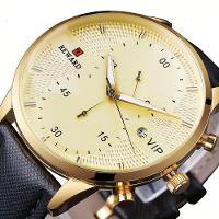 Relógio Preto Dourado De Luxo - Cronômetro Com Pulseira De Couro Dourado - 1