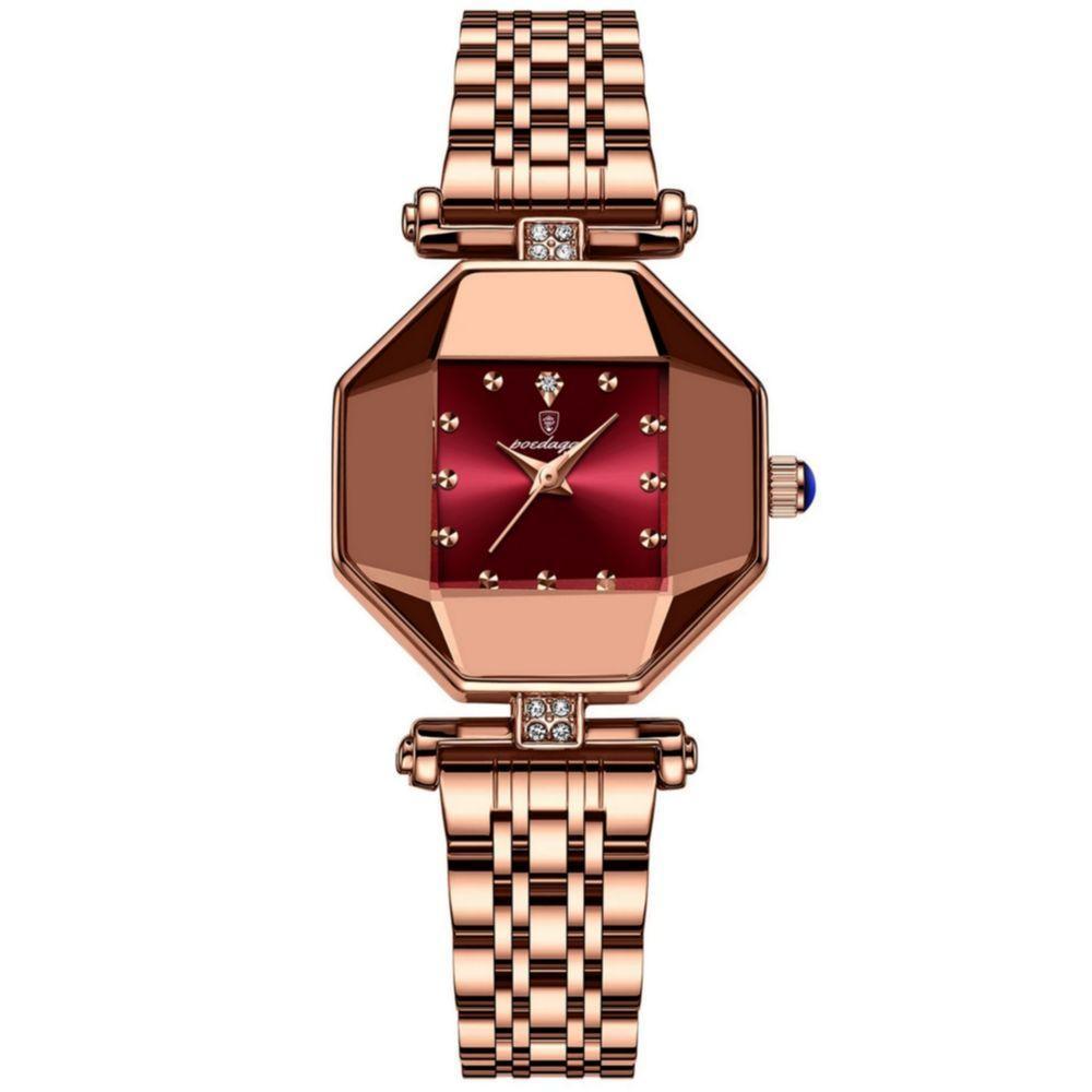Relógio Feminino De Quartzo Casual Design Criativo Em Aço Inoxidável à Prova D´agua Vermelho Dourado - 1