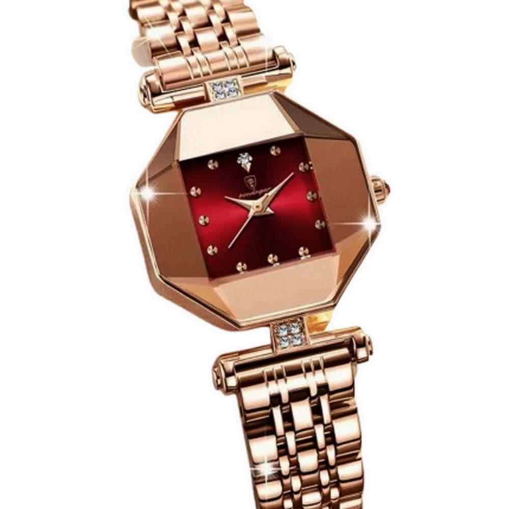Relógio Feminino De Quartzo Casual Design Criativo Em Aço Inoxidável à Prova D´agua Vermelho Dourado - 2