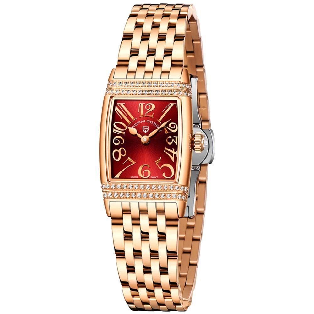 Relógio Feminino Quartzo Design Fino Elegante Com Strass Em Aço Inoxidavel Impermavel Vermelho Dourado - 1