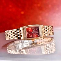 Relógio Feminino Quartzo Design Fino Elegante Com Strass Em Aço Inoxidavel Impermavel Vermelho Dourado