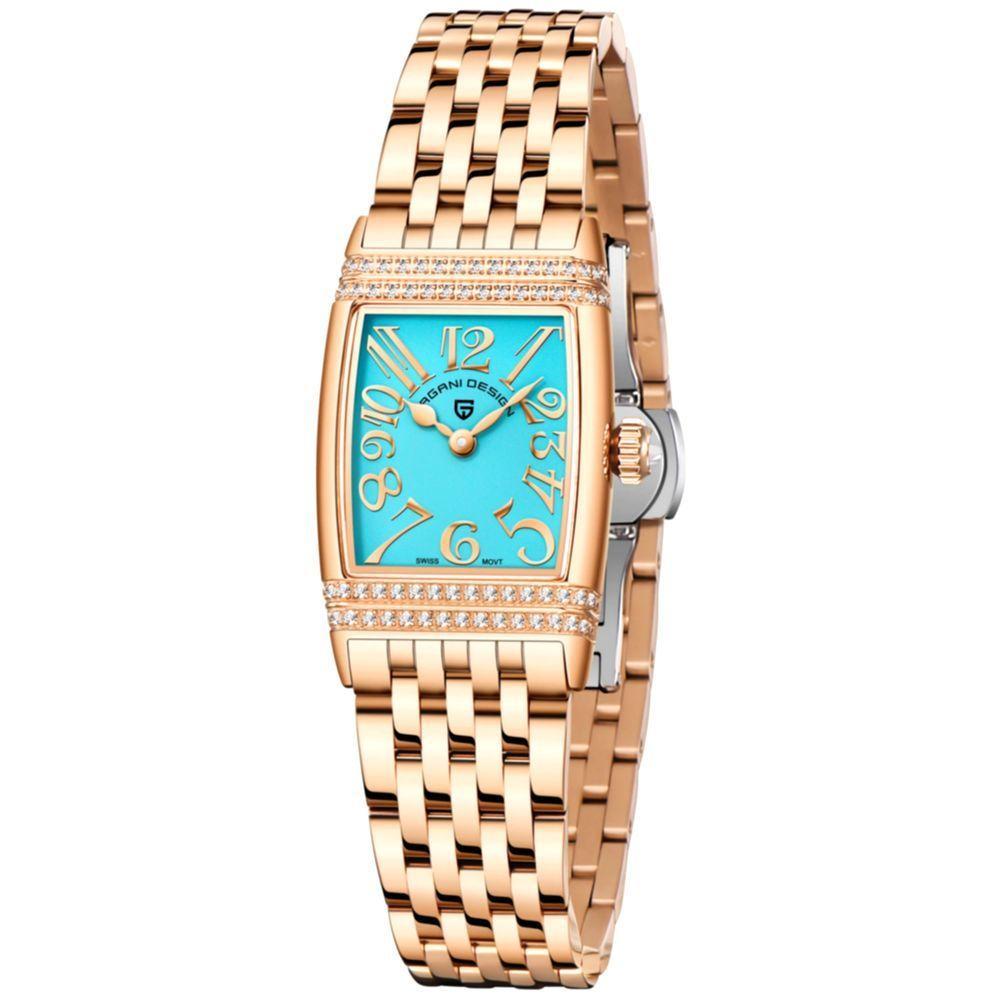 Relógio Feminino Quartzo Design Fino Elegante Com Strass Em Aço Inoxidavel Impermavel Azul Dourado - 1