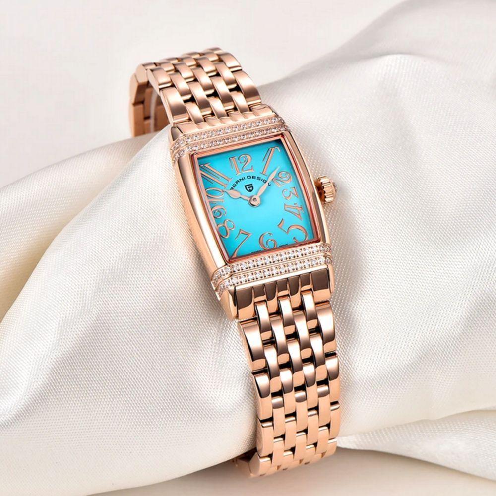 Relógio Feminino Quartzo Design Fino Elegante Com Strass Em Aço Inoxidavel Impermavel Azul Dourado - 5