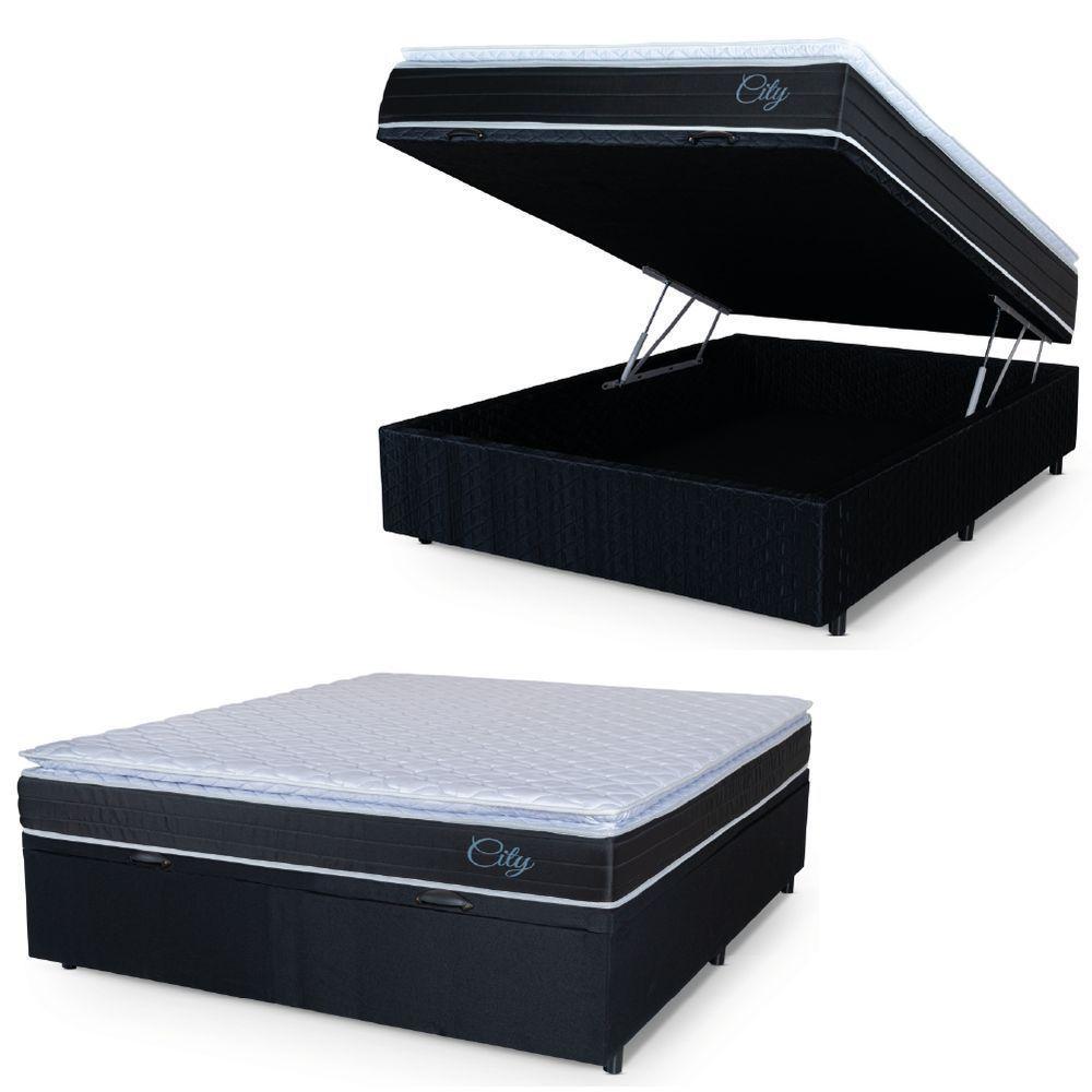 Cama Box Baú Casal Colchão Com Molas Ensacadas City Pillow Top 138x188x64cm Hellen Preto/branco - 1