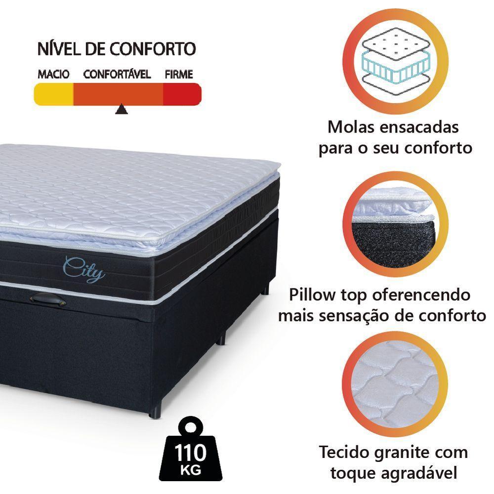 Cama Box Baú Casal Colchão Com Molas Ensacadas City Pillow Top 138x188x64cm Hellen Preto/branco - 6