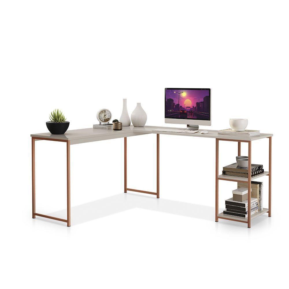 Mesa Em L Office Em Mdf Estilo Insdustrial Klm Store Bronze Com Off White - 2