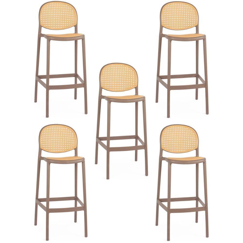 Kit 5 Banqueta Alta Com Encosto Roma Em Polipropileno Cozinha/bancada - Marrom Claro - 1