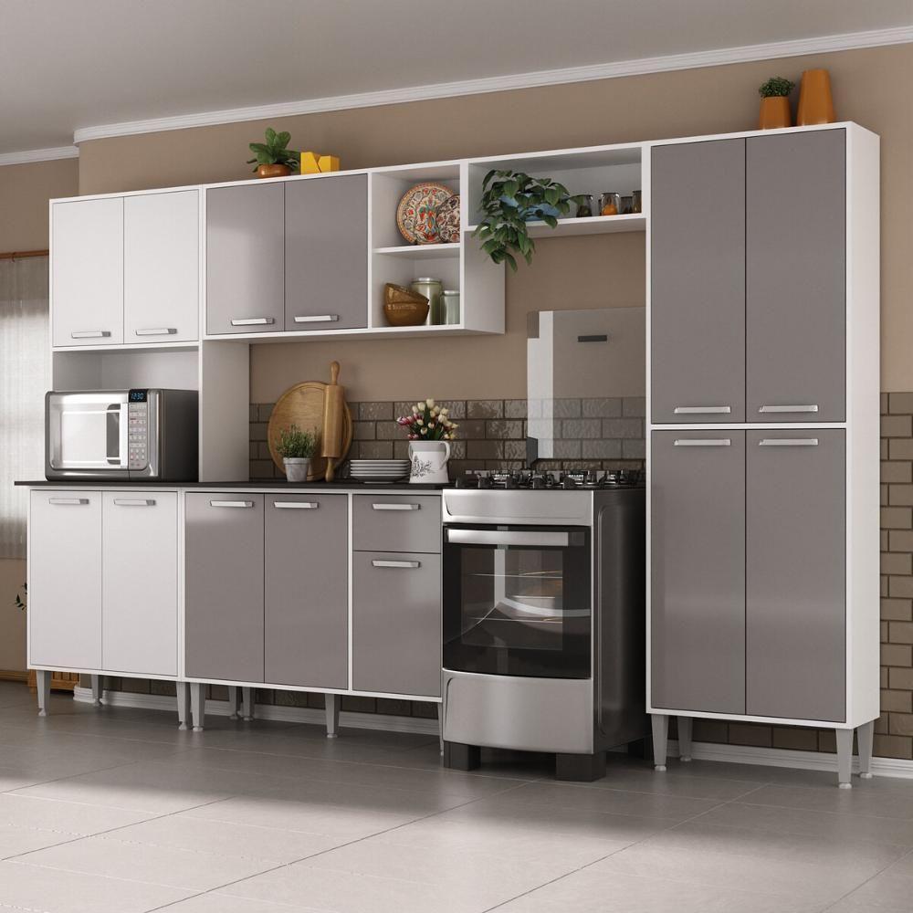Armário De Cozinha Modulada Completa Compacta 294cm Com Balcão De Pia Multimóveis Mp2280 Branco/lacca Fumê - 1