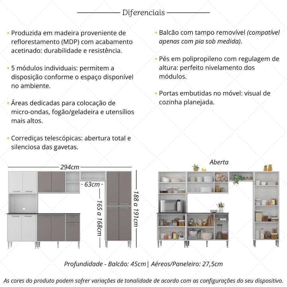 Armário De Cozinha Modulada Completa Compacta 294cm Com Balcão De Pia Multimóveis Mp2280 Branco/lacca Fumê - 3