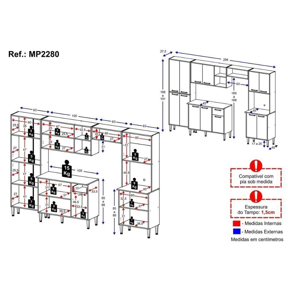 Armário De Cozinha Modulada Completa Compacta 294cm Com Balcão De Pia Multimóveis Mp2280 Branco/lacca Fumê - 4