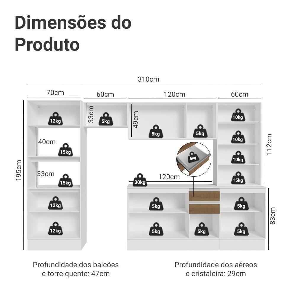 Armário De Cozinha Completa 100% Mdf 310 Cm Smart Madesa 04 Branco/rustic/crema - 3