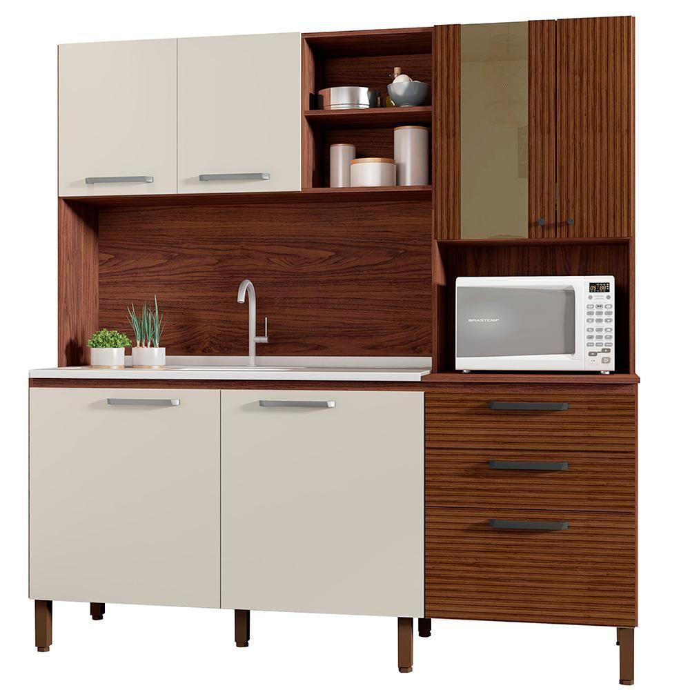 Cozinha Compacta 7 Portas 2 Gavetas 182 Cm Mega Nogueira Off White Cp Ripado Ktp - 1