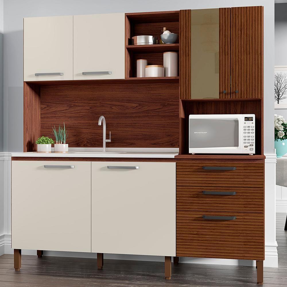 Cozinha Compacta 7 Portas 2 Gavetas 182 Cm Mega Nogueira Off White Cp Ripado Ktp - 2