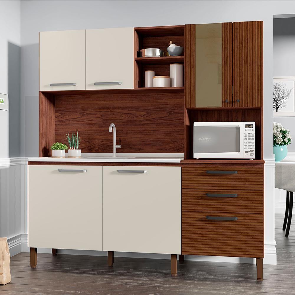 Cozinha Compacta 7 Portas 2 Gavetas 182 Cm Mega Nogueira Off White Cp Ripado Ktp - 10