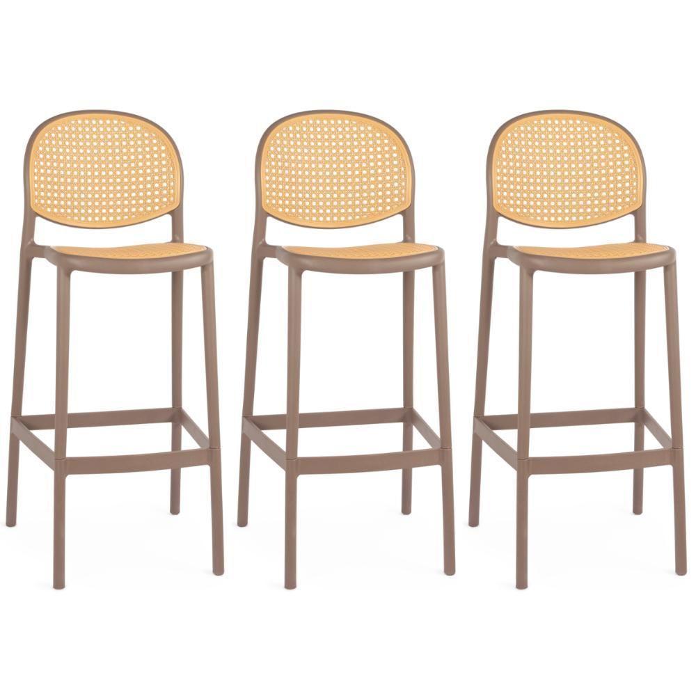 Kit 3 Banqueta Alta Com Encosto Roma Em Polipropileno Cozinha/bancada - Marrom Claro - 1