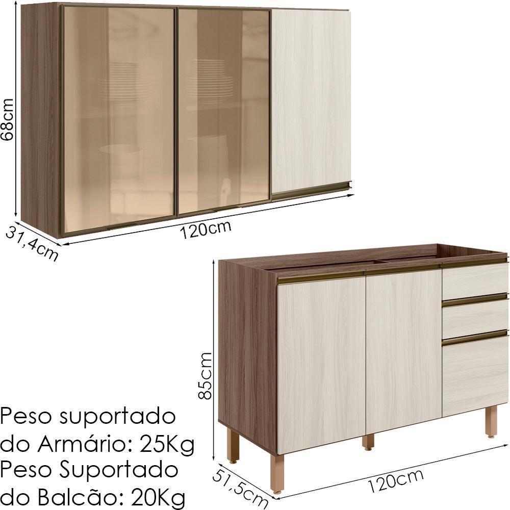 Armario Aereo 3 Portas E Balcao Pia Mdf Kali Nicioli Carvalho Toq Bianco Toq - 3