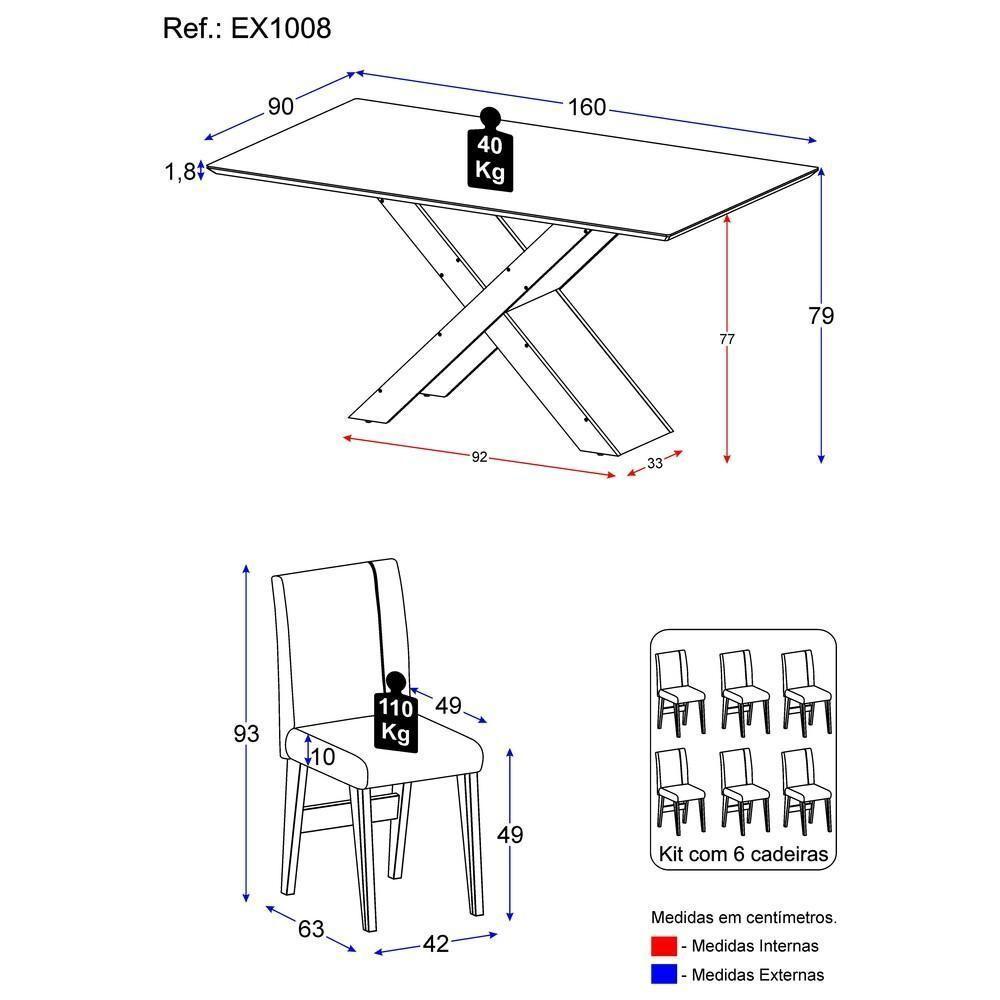 Conjunto Mesa De Jantar 160 Cm Com 6 Cadeiras Multimóveis - 4