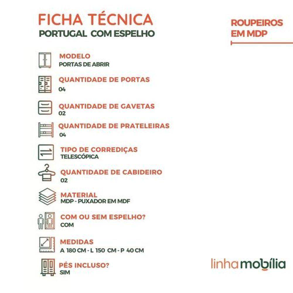 Guarda-roupa Infantil Portugal Com Espelho 4 Portas E 2 Gavetas Linhamobília Branco - 7