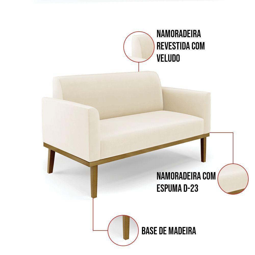 Sofá Namoradeira Com Poltrona Base De Madeira Fixa Castanho Marisa Veludo Bege D03 - D?rossi - 2
