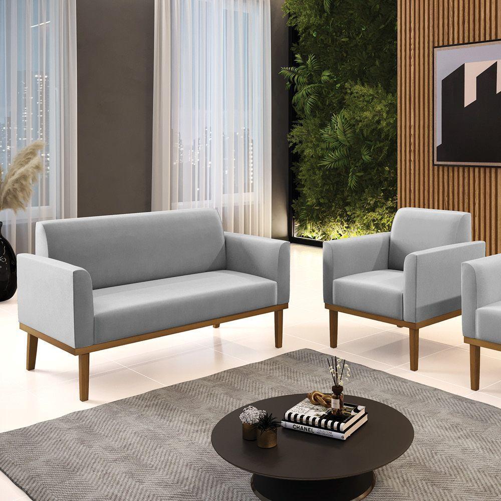 Sofá Namoradeira Com Poltrona Base De Madeira Fixa Castanho Marisa Suede Cinza D03 - D?rossi - 6