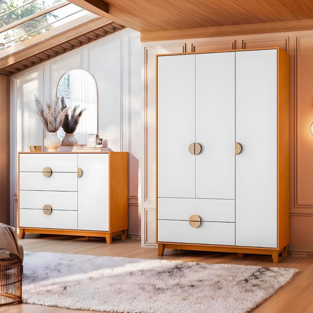 Kit Guarda Roupa Ipê Com Comoda Ipê Com Pés Madeira Maciça Cinamomo/Branco - 2