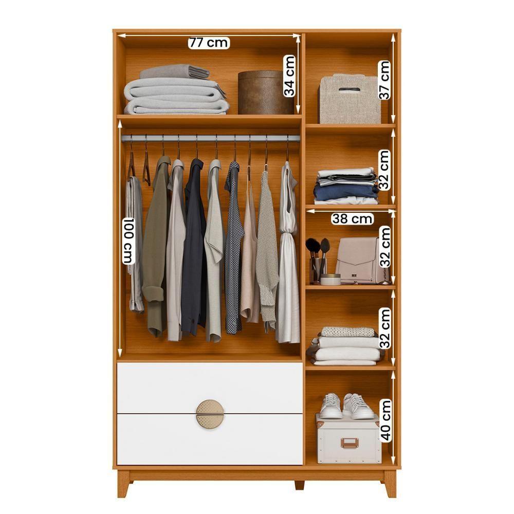 Kit Guarda Roupa Ipê Com Comoda Ipê Com Pés Madeira Maciça Cinamomo/Branco - 6