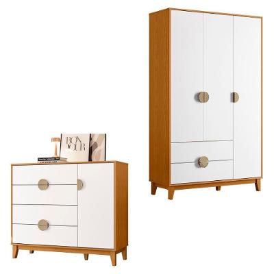 Kit Guarda Roupa Ipê Com Comoda Ipê Com Pés Madeira Maciça Cinamomo/Branco