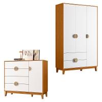 Kit Guarda Roupa Ipê Com Comoda Ipê Com Pés Madeira Maciça Cinamomo/Branco - 1