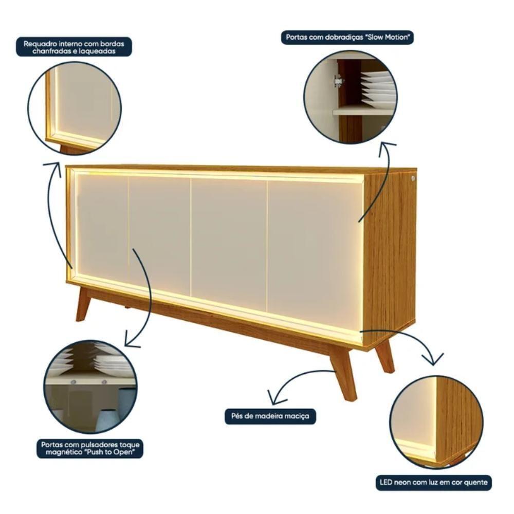 Buffet Aparador 4 Portas Com Led Requinte Naturale E Off White 160cm - 4