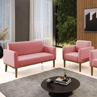 Sofá Namoradeira Com Poltrona Base De Madeira Fixa Castanho Marisa Suede Rosê D03 - D?rossi - 6